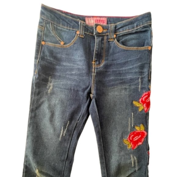 Girls Denim Pants with Red Roses Ripped Jeans Adjustable Inner waistband Size 10 - Picture 2 of 6